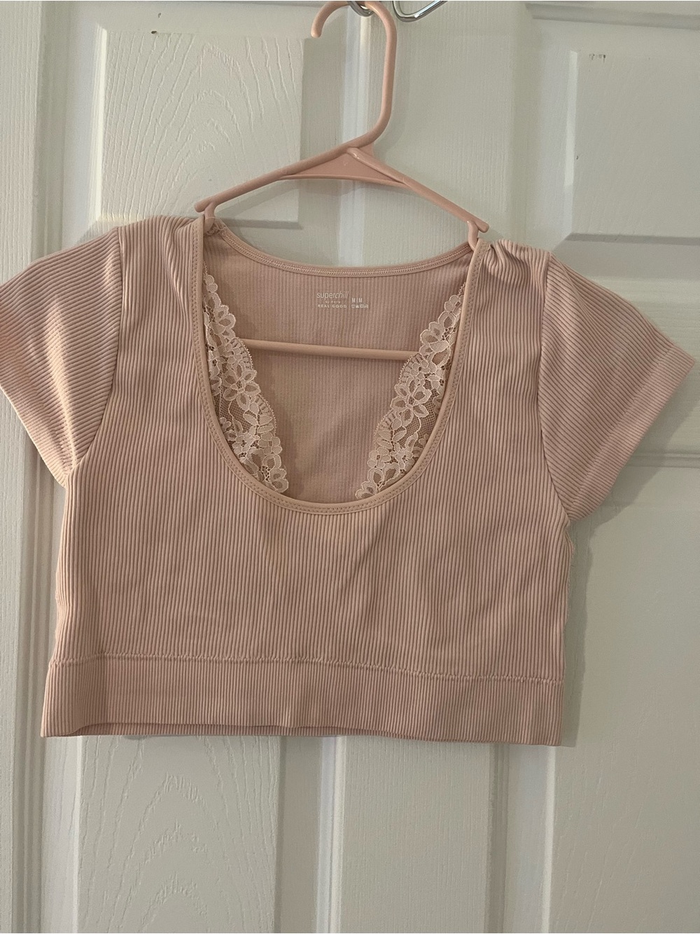 Lace-Trim Ribbed Crop Top - Blush Pink